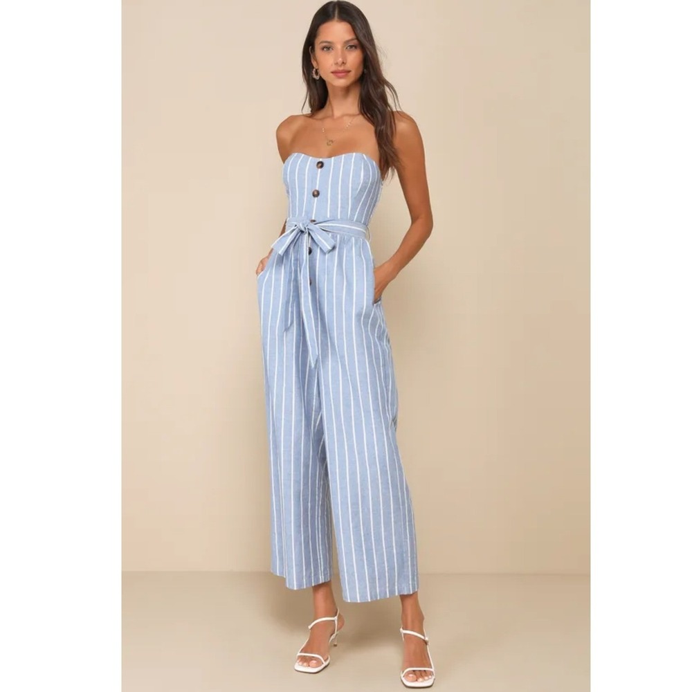 Lulus Sunny Day Classic Blue White Striped Strapless Jumpsuit Linen Blend Small